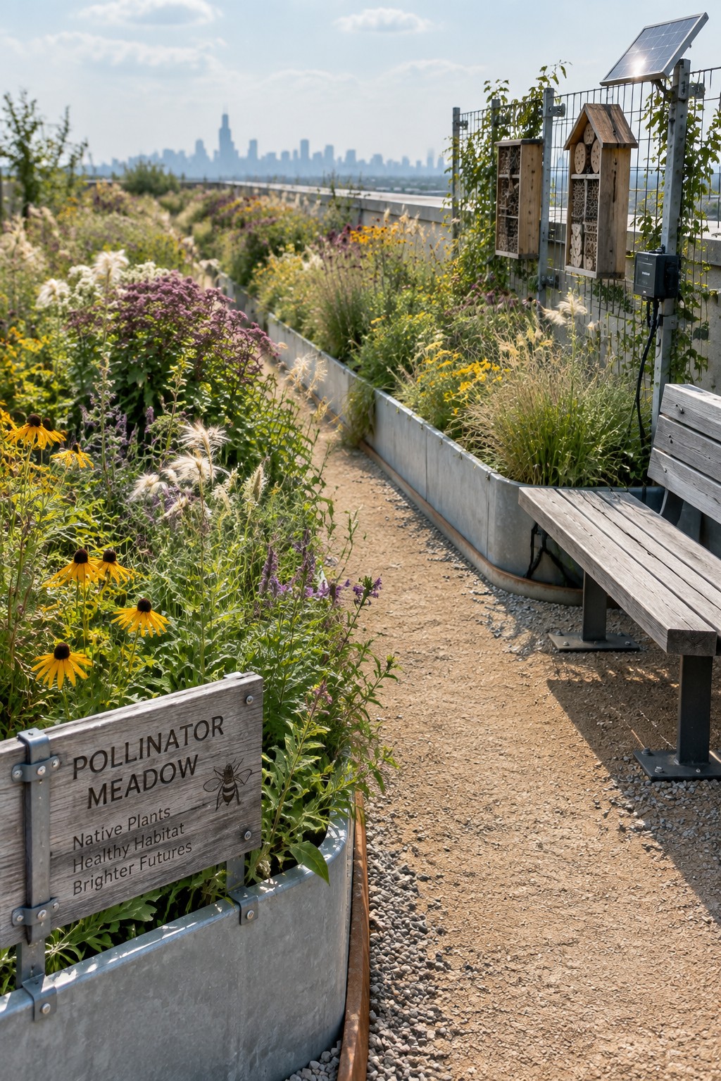 A rooftop garden features long galvanized metal planters filled with native flowers and grasses, a gravel path, a wooden bench, and wooden insect hotels mounted on a fence with a city skyline visible in the distance.