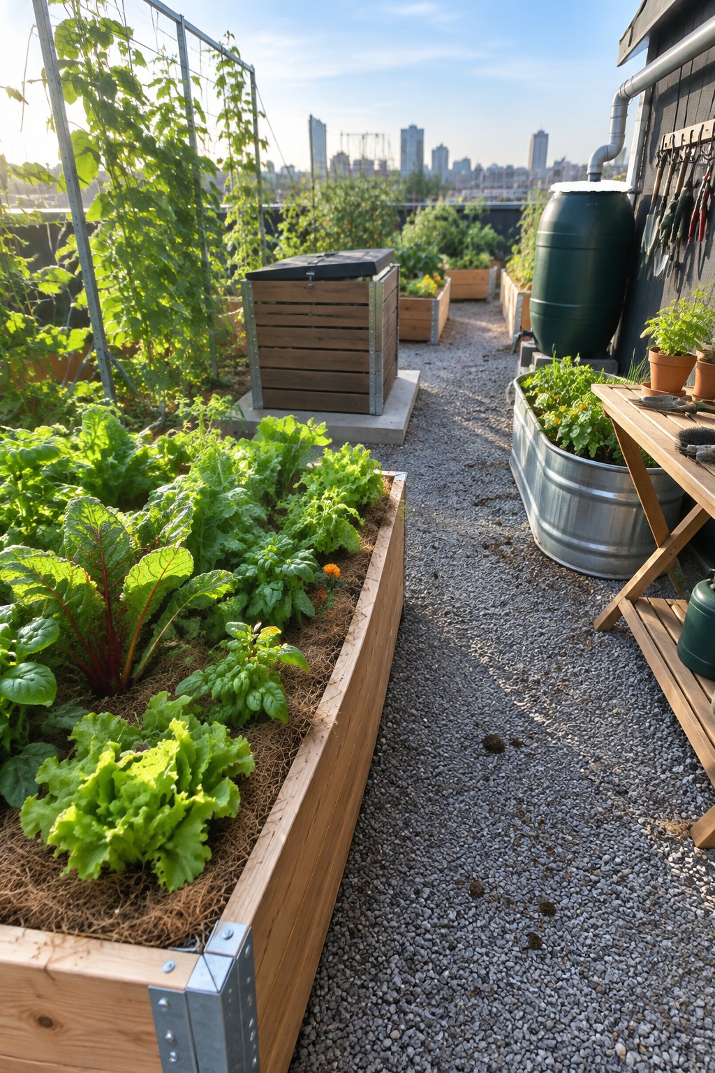 Rooftop garden with wooden raised beds containing leafy vegetables, metal planters, a gravel path, and gardening tools on a wooden table.