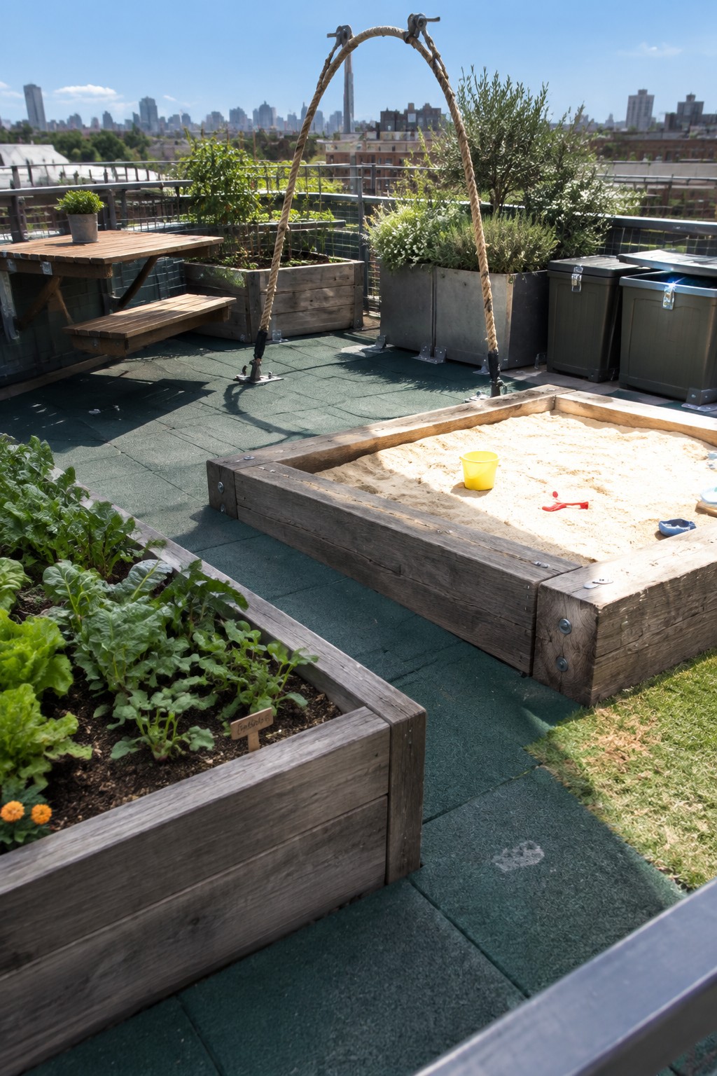Rooftop terrace with large wooden raised planters holding vegetables and a built-in sandbox, plus additional planters and city skyline in the background.