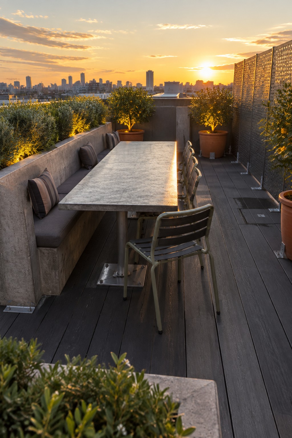A rooftop terrace with a long concrete dining table, metal chairs, a built-in bench with cushions, and several large potted plants overlooking a city skyline at sunset.