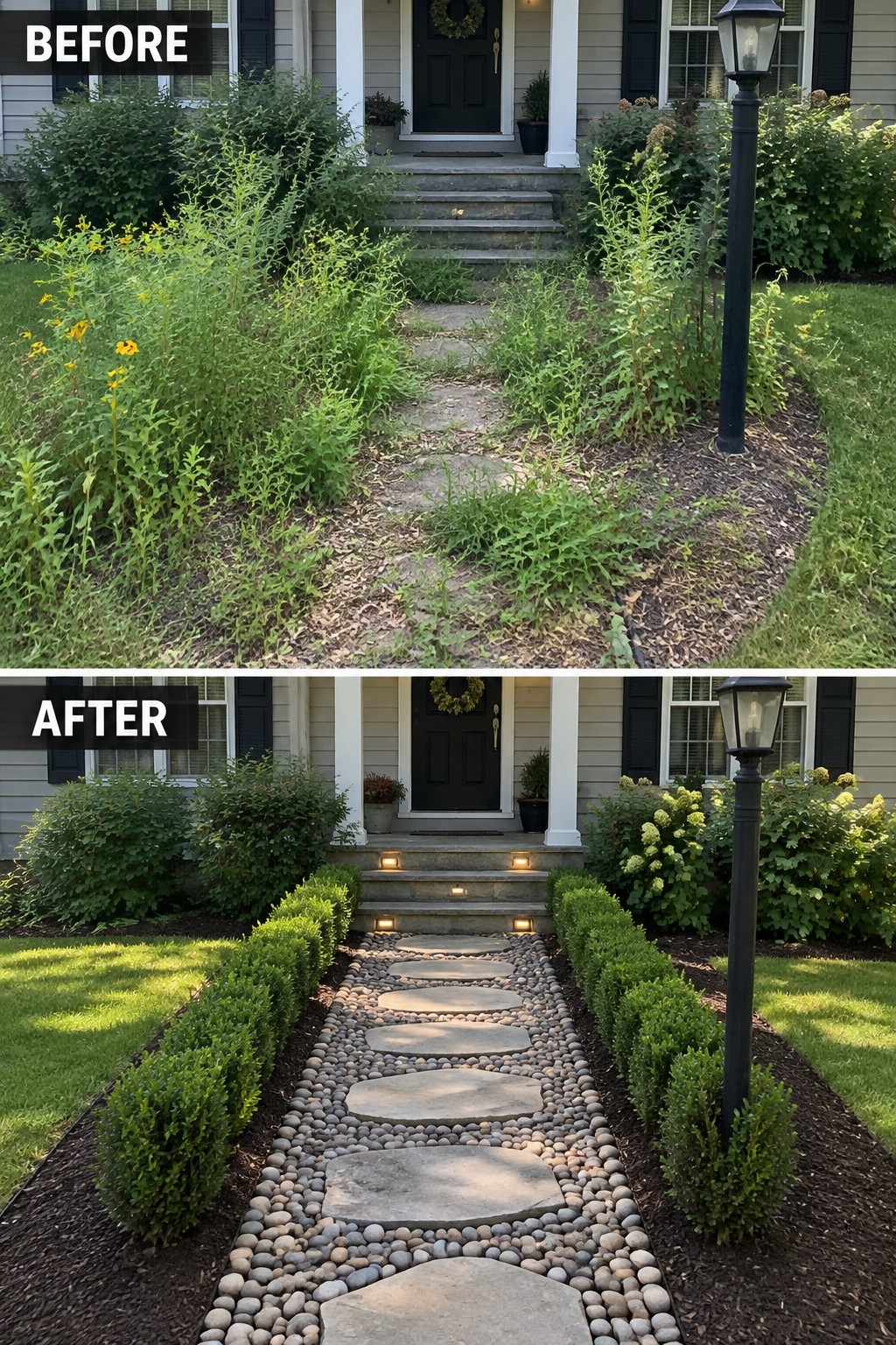 Before and after of overgrown weedy path transformed into neat pebble-lined stepping-stone walkway.