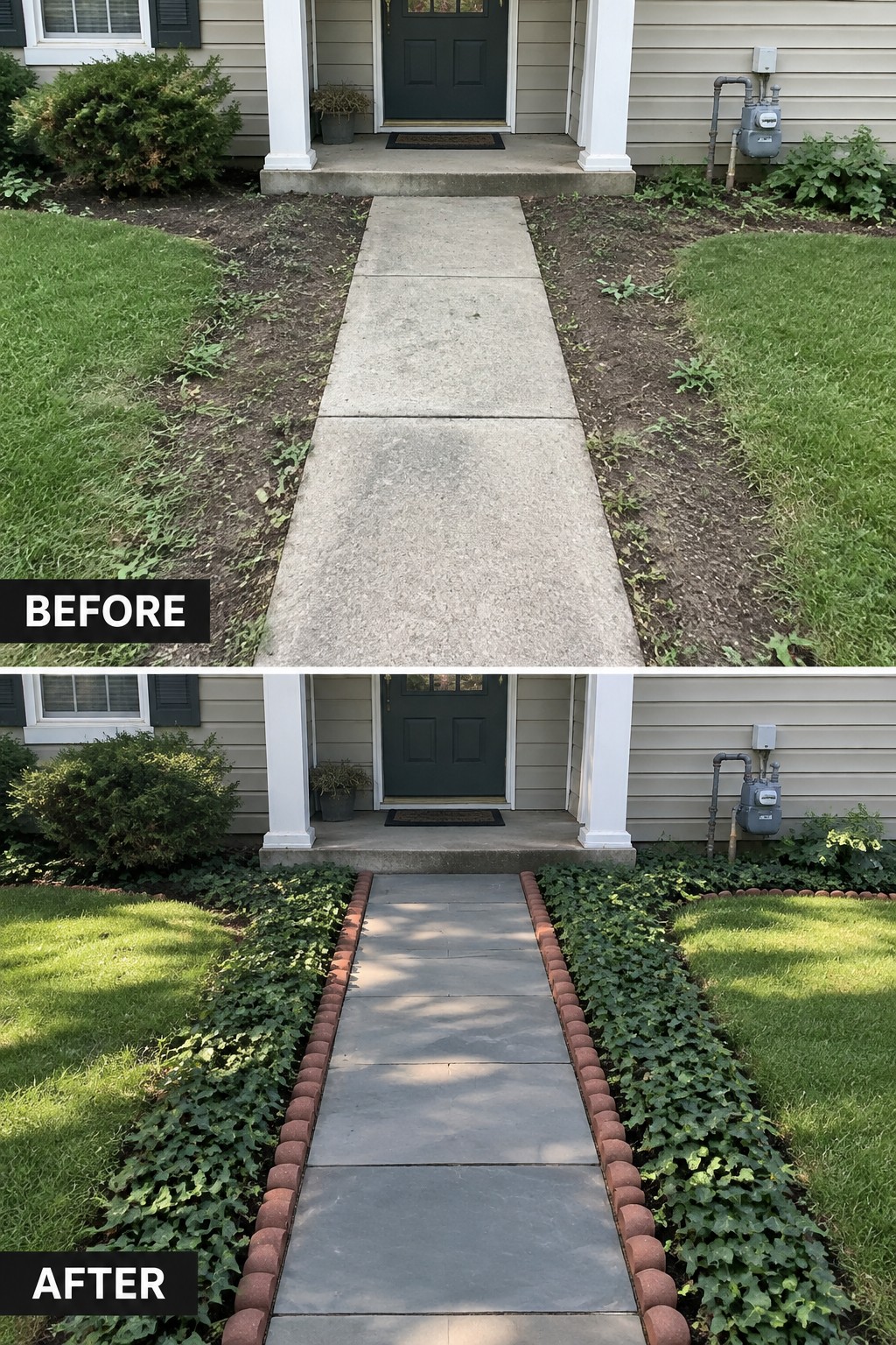 Before-and-after photos of concrete walkway upgraded to stone pavers with brick and ivy borders.
