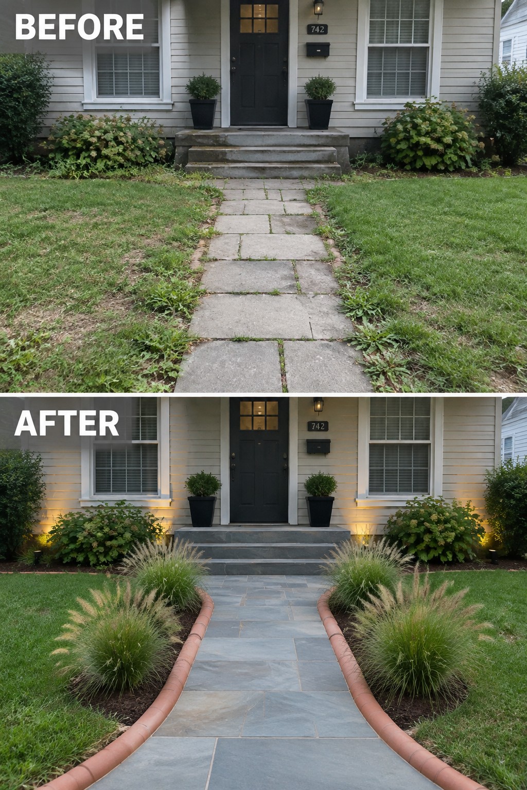 Before-and-after image of a front walkway transformed with clean edging, new pavers, and planted borders.