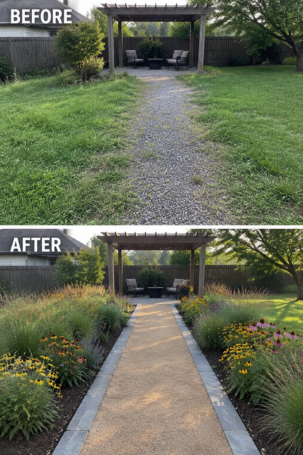 Before and after backyard with gravel path replaced by flower-lined stone walkway to pergola