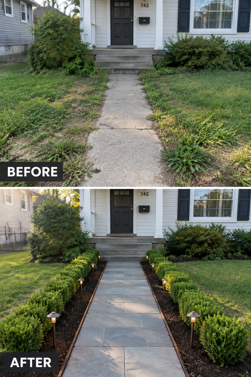 Before and after of a front walkway renovated with stone pavers, hedges and lights.