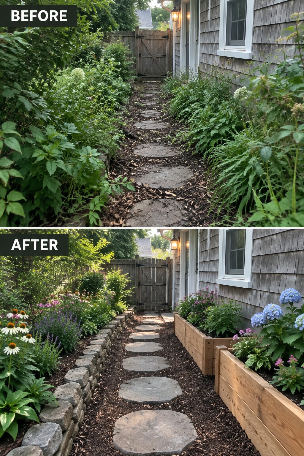 Before and after of overgrown path transformed into neat stone walkway with flower beds.