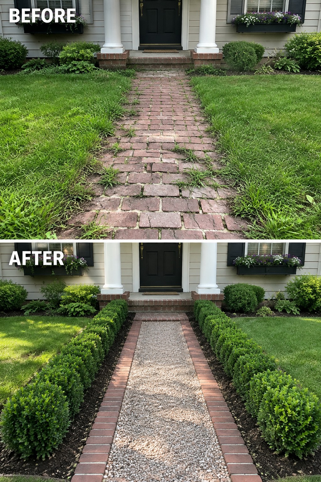 Before-and-after brick path: overgrown weeds replaced by gravel walkway with boxwood hedges.