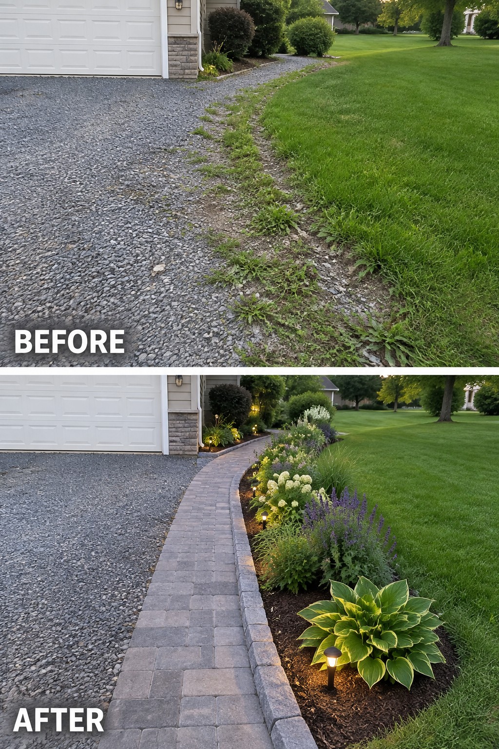 Before and after of gravel driveway edge landscaped with paver path, flowers and lights