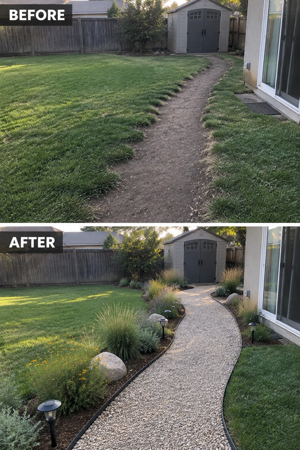 Before and after backyard path: dirt trail transformed into landscaped gravel walkway with plants and lights.