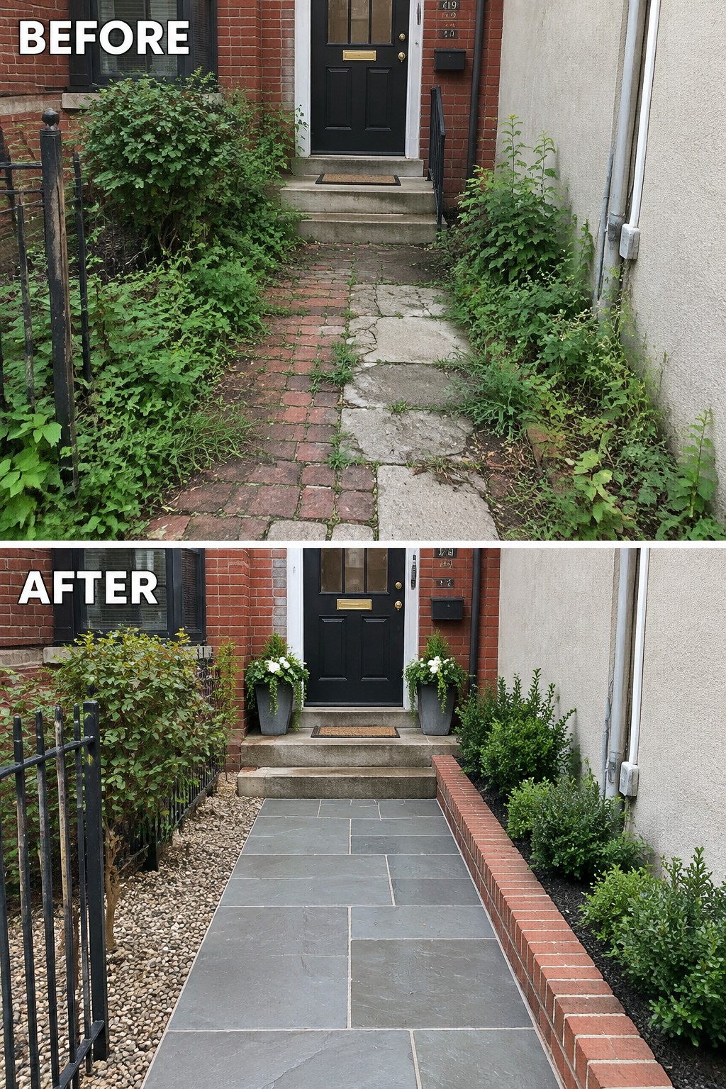 Before and after of overgrown brick path transformed into neat gray stone walkway with landscaping