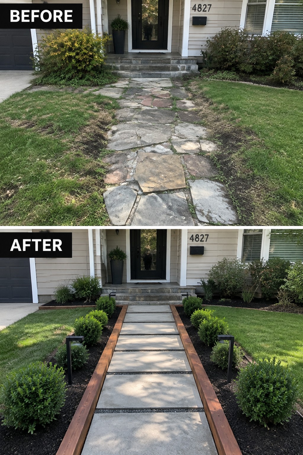 Before-and-after image of an irregular stone walkway transformed into a straight paved path with wooden borders and neat shrub beds.