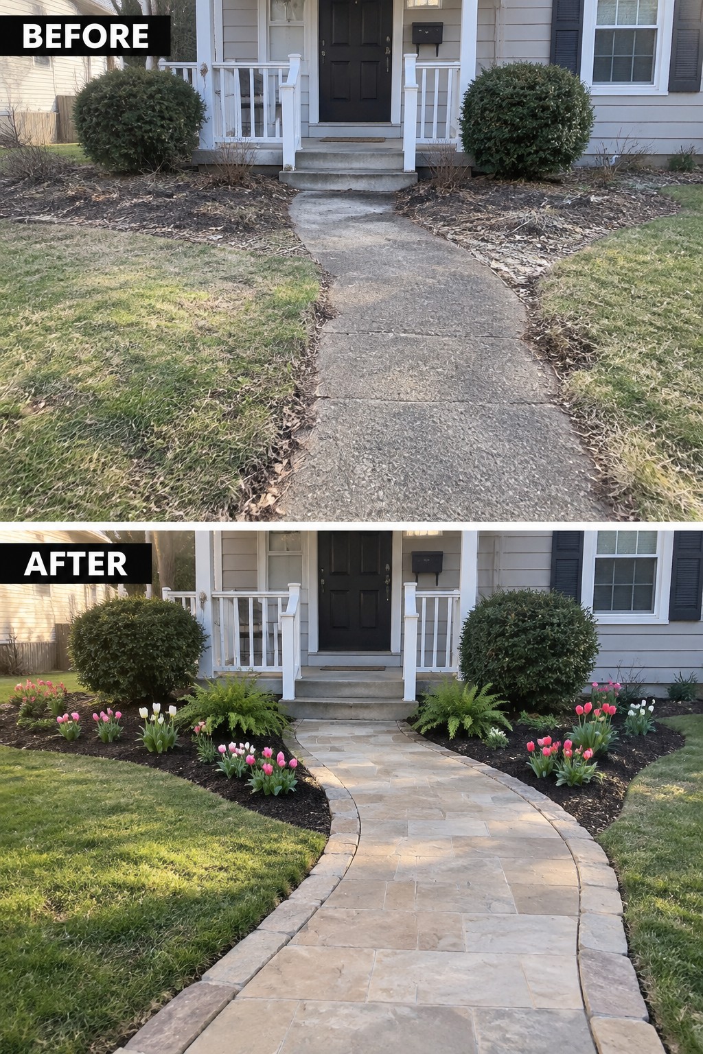 Before-and-after of front yard: concrete path upgraded to curved stone walkway with tulips.