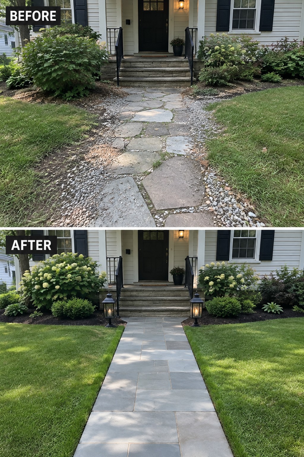 Before and after of uneven stone path upgraded to straight paved walkway with lanterns.