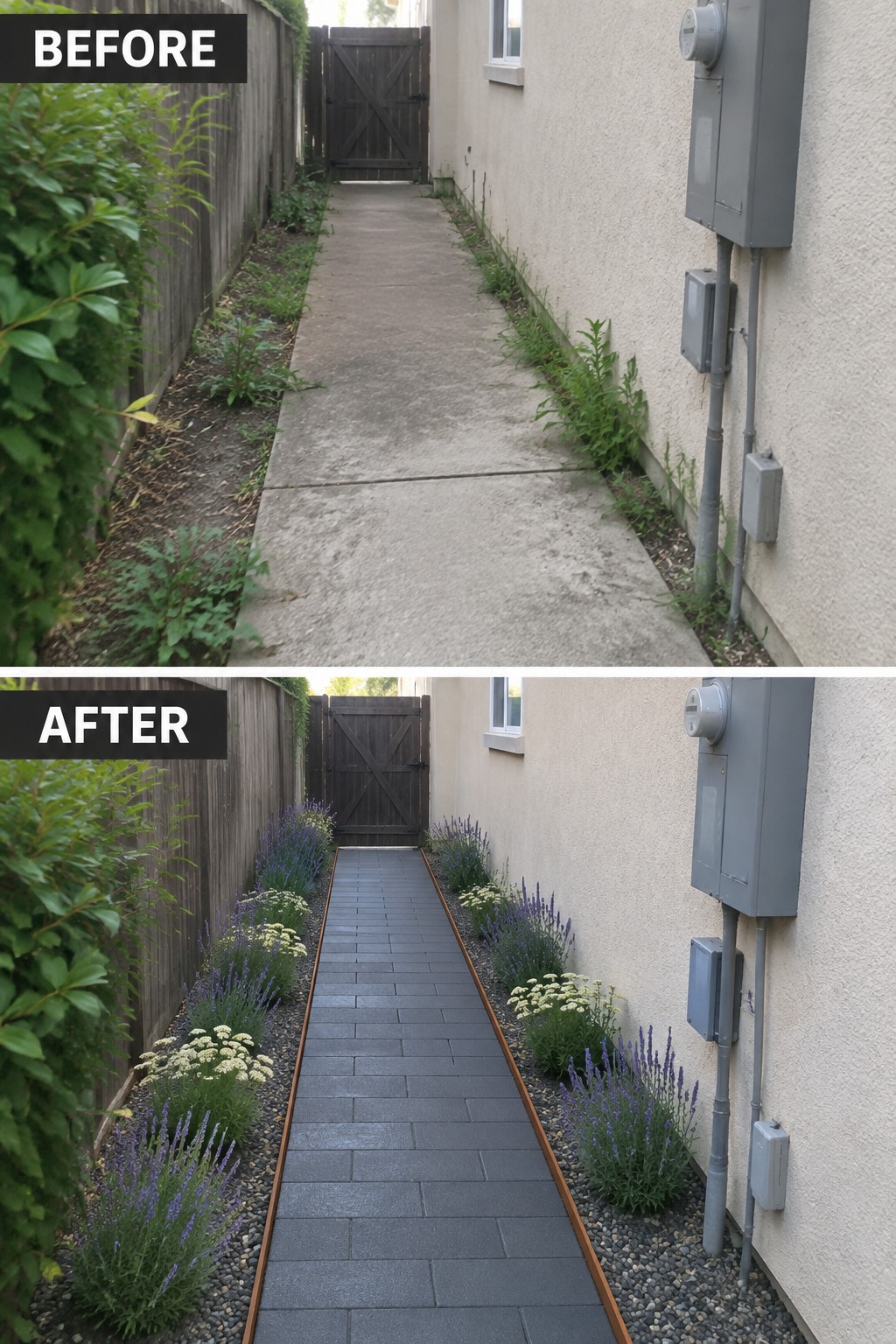 Before and after of narrow concrete path transformed into paved garden walkway with flowers