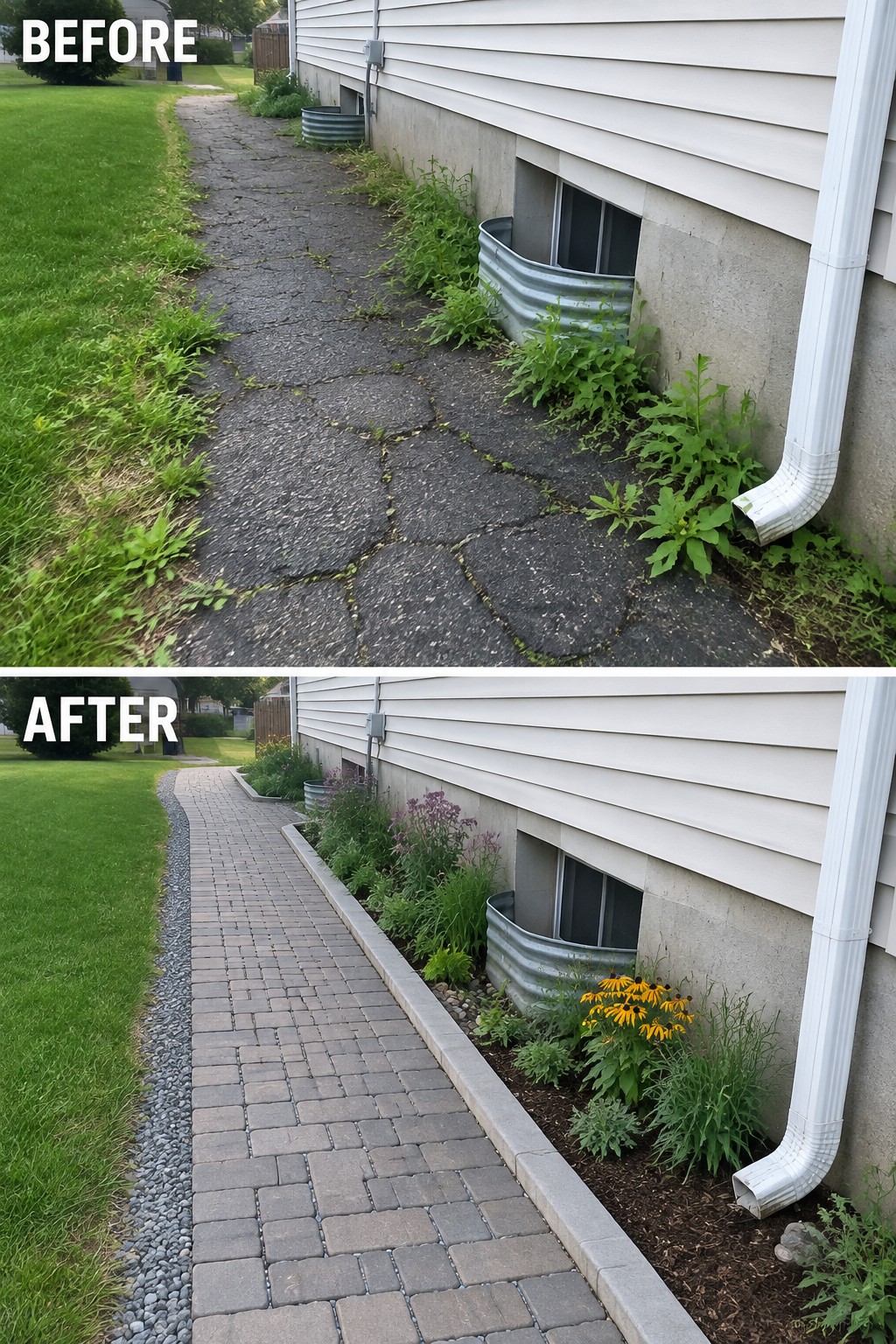 Before-and-after views of cracked asphalt path transformed into brick walkway with garden bed