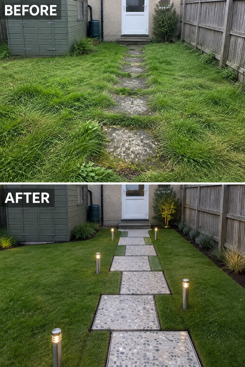 Before and after backyard path: overgrown grass to neat lawn with glowing lights.