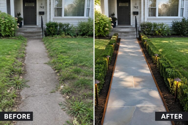 Before and after of a front walkway renovated with stone pavers, hedges and lights.