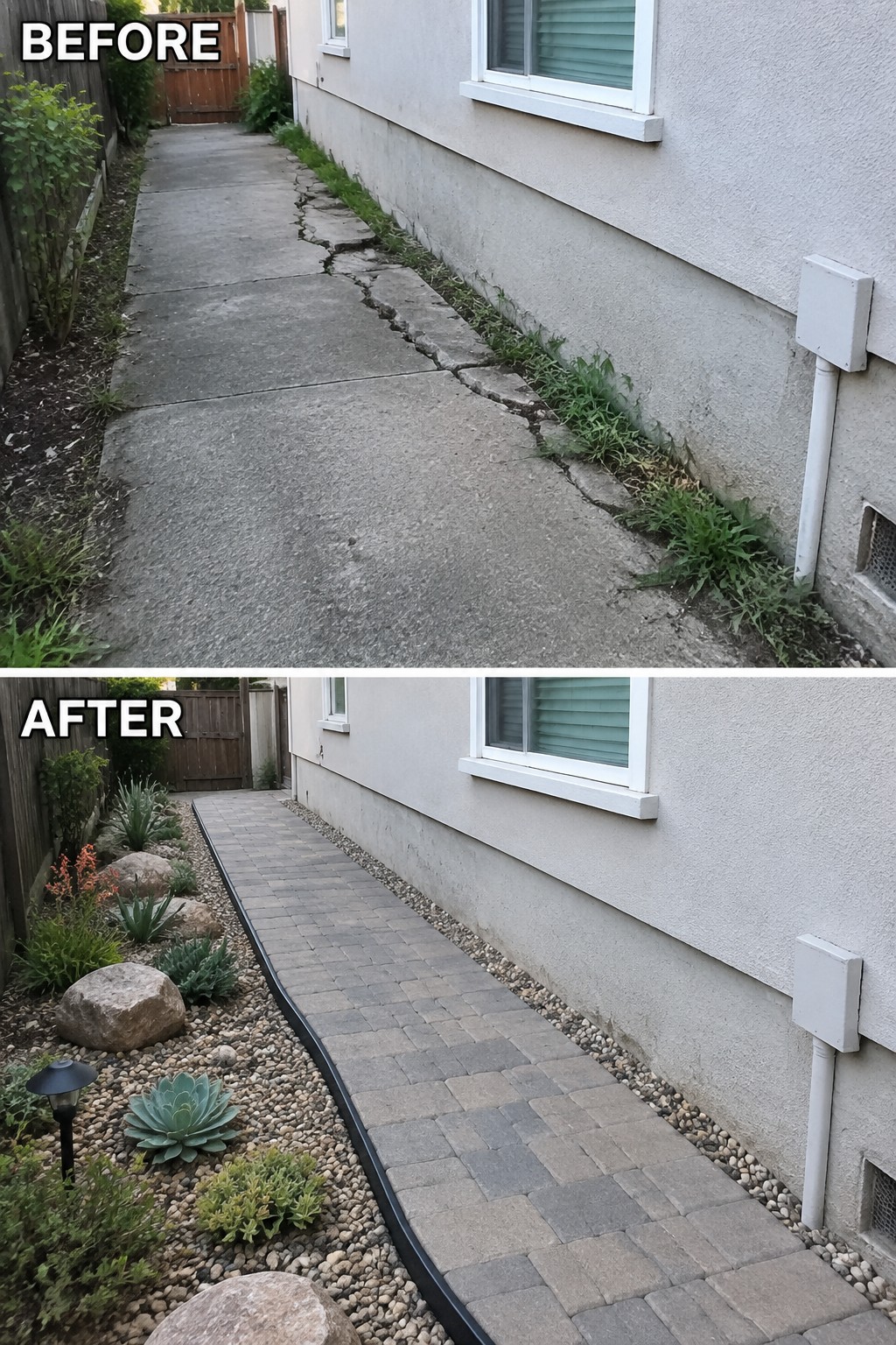 Before cracked concrete path beside house, after brick pavers with landscaped gravel garden.