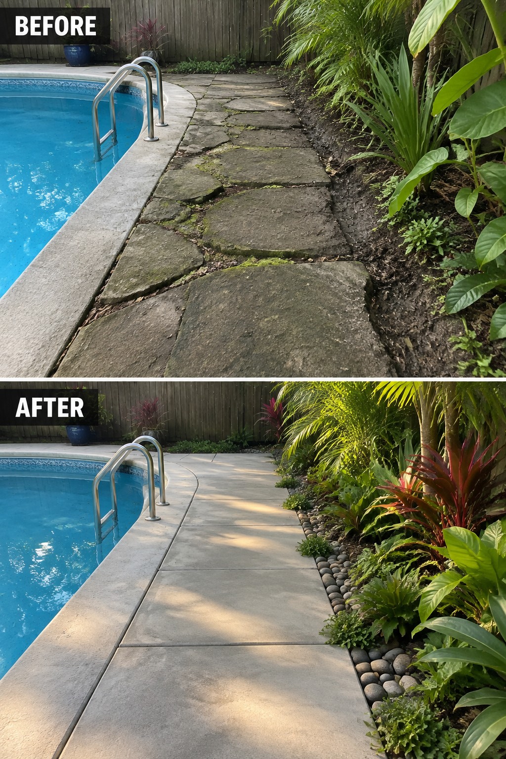 Before-and-after poolside path: irregular stones replaced by smooth concrete and colorful garden bed.