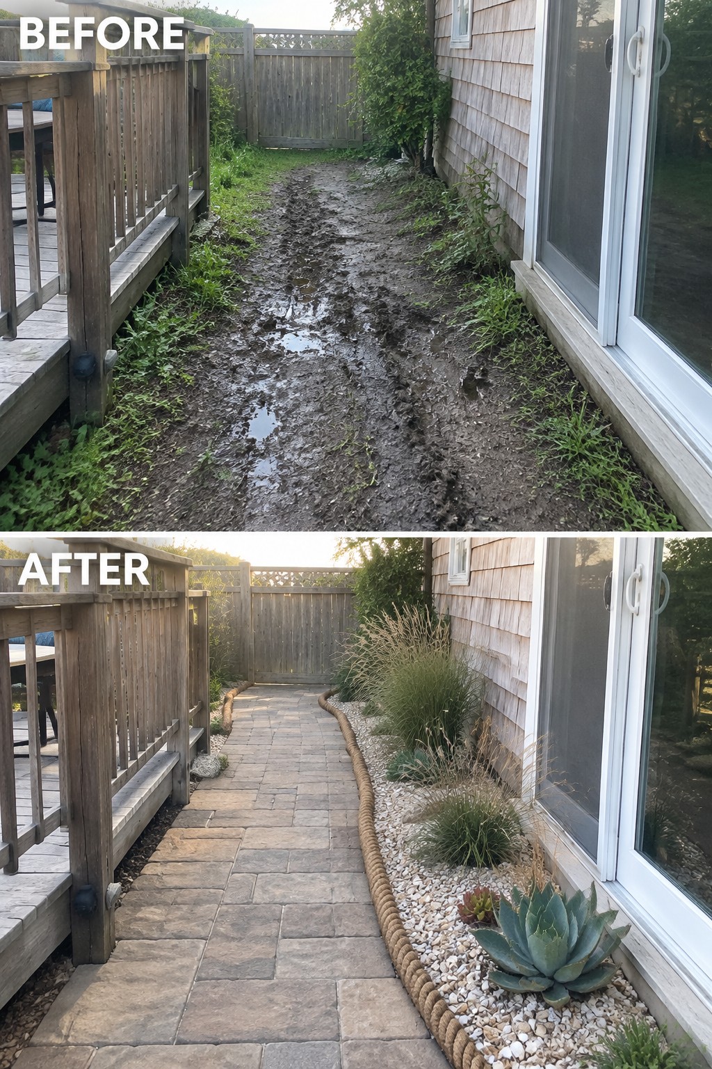 Before muddy path and after stone paver walkway with gravel landscaping beside house.