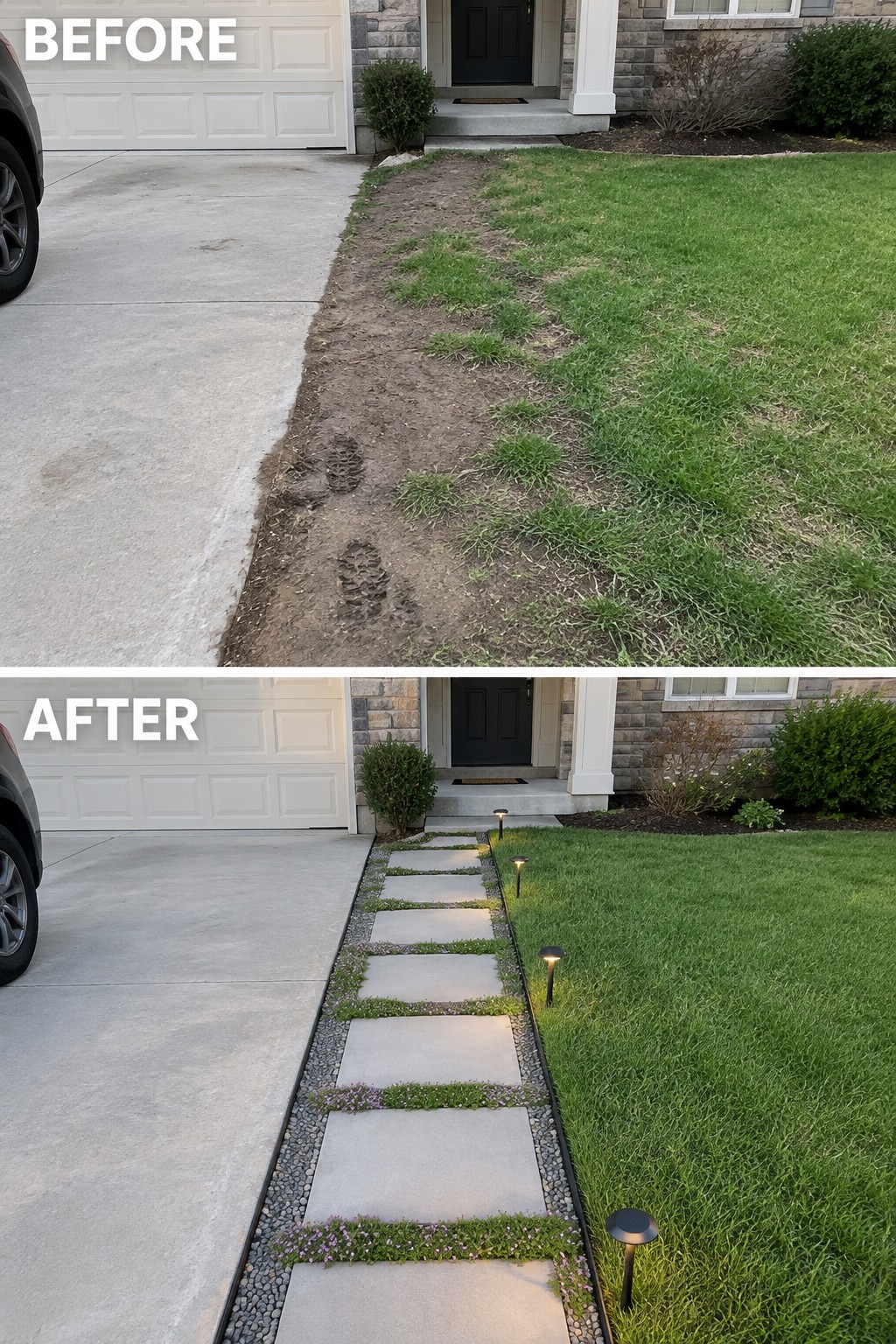Before and after of muddy yard transformed into stone paver path with lights