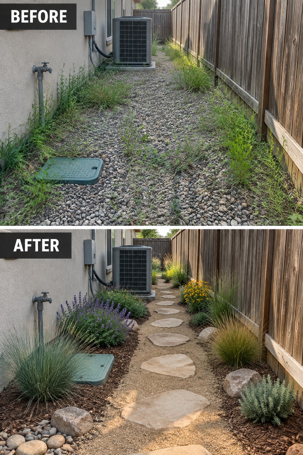 Before-and-after of overgrown gravel path transformed into landscaped stone walkway with plants.