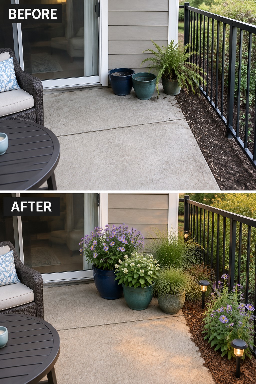 Patio before with empty pots and after with blooming plants plus lights.