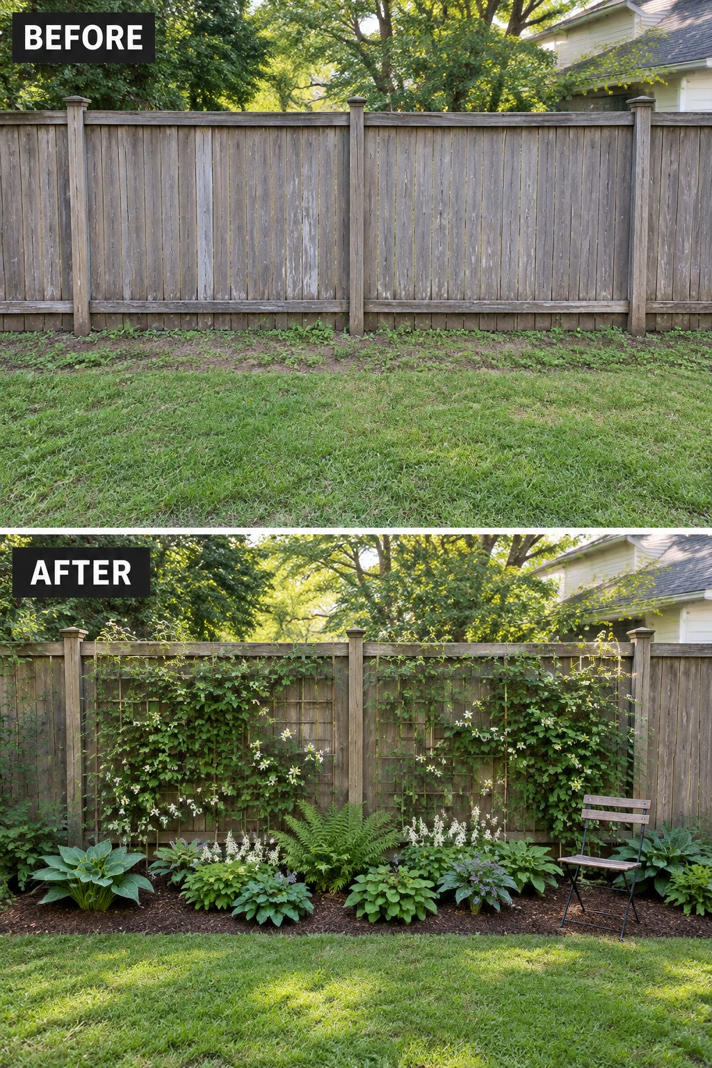 Before and after wooden fence with climbing vines, trellises, and garden beds