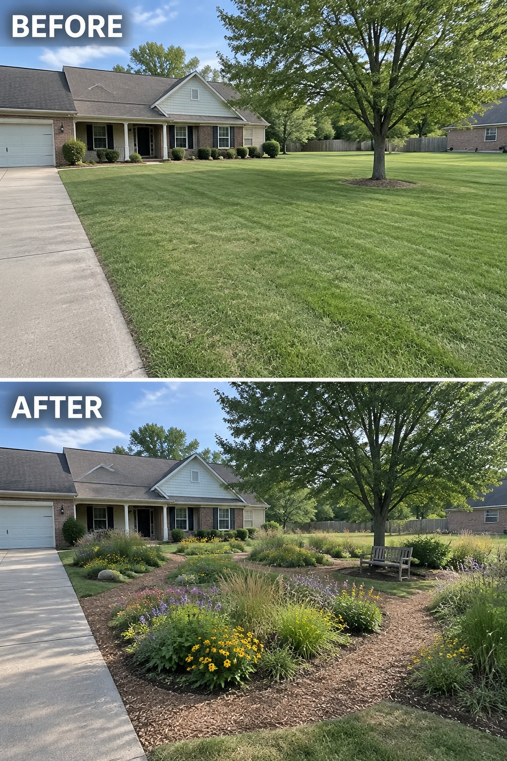 Before and after of suburban lawn transformed into colorful flower garden with bench and mulch paths