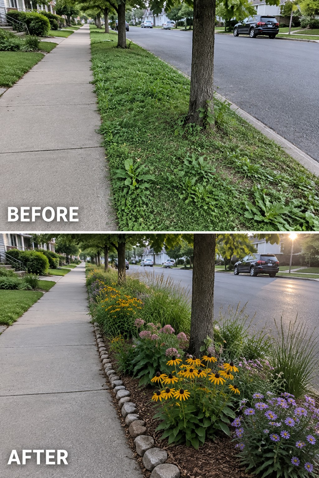 Before-and-after curb strip: overgrown weeds transformed into colorful yellow-purple flower garden with rocks.