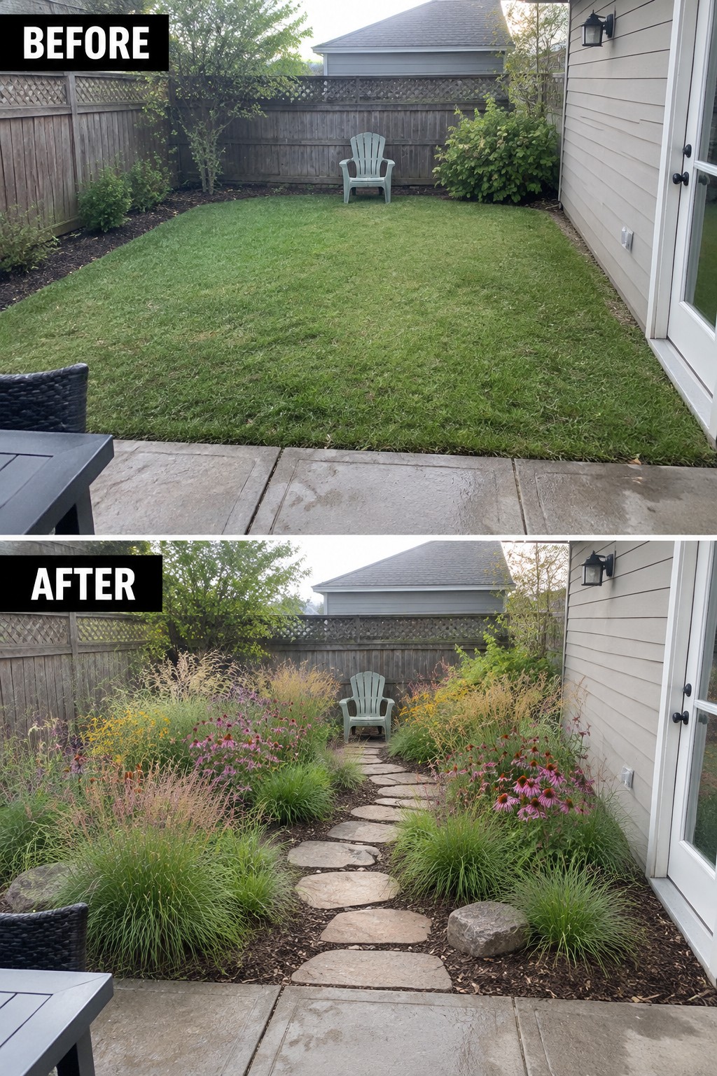 Before-and-after backyard: plain lawn transformed into colorful flower garden with stone path.