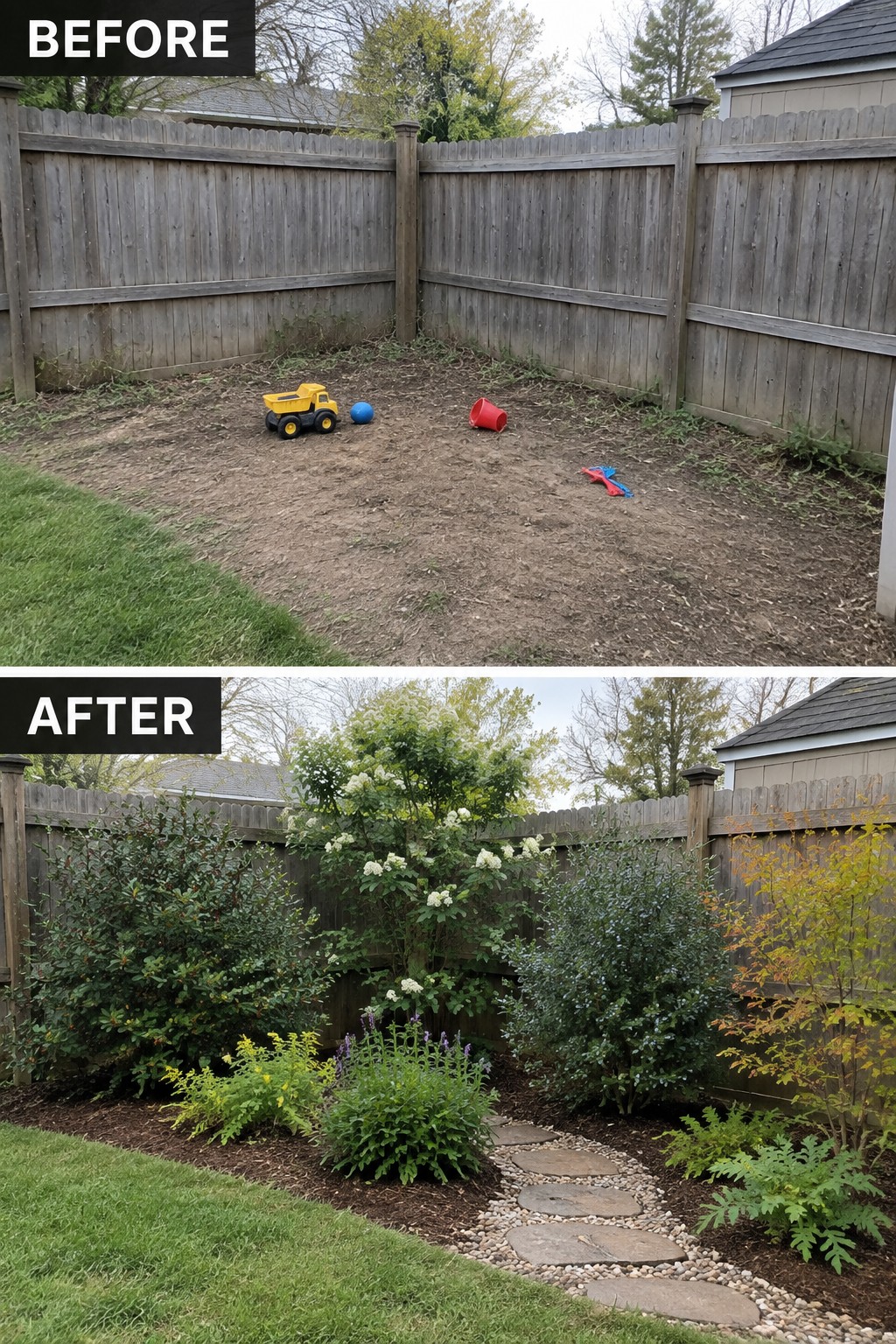 Before-and-after image of a bare dirt backyard transformed into a landscaped garden with planted beds, shrubs, flowers, and a stone path.