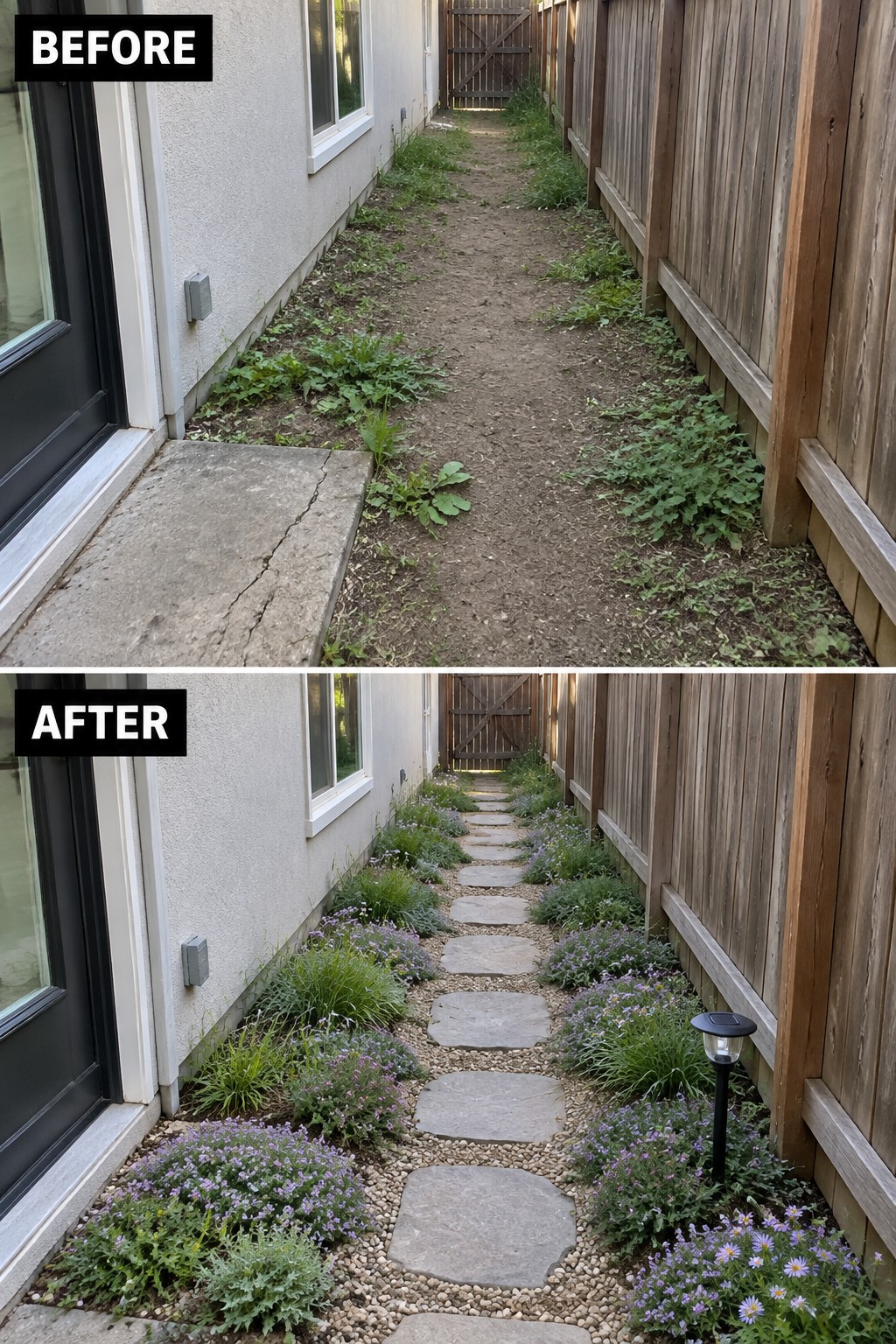 Before-and-after image of an overgrown narrow side yard transformed with a stone stepping stone path, gravel borders, and planted beds along the house and fence.