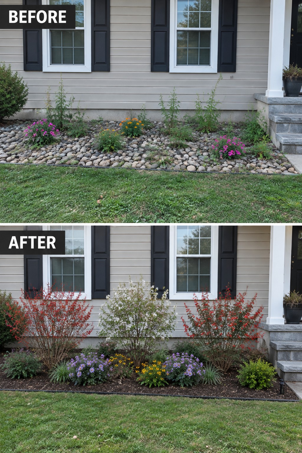 Before-and-after image of a house foundation planting changed from sparse rocks and weeds into defined mulched beds with layered native shrubs and flowers.