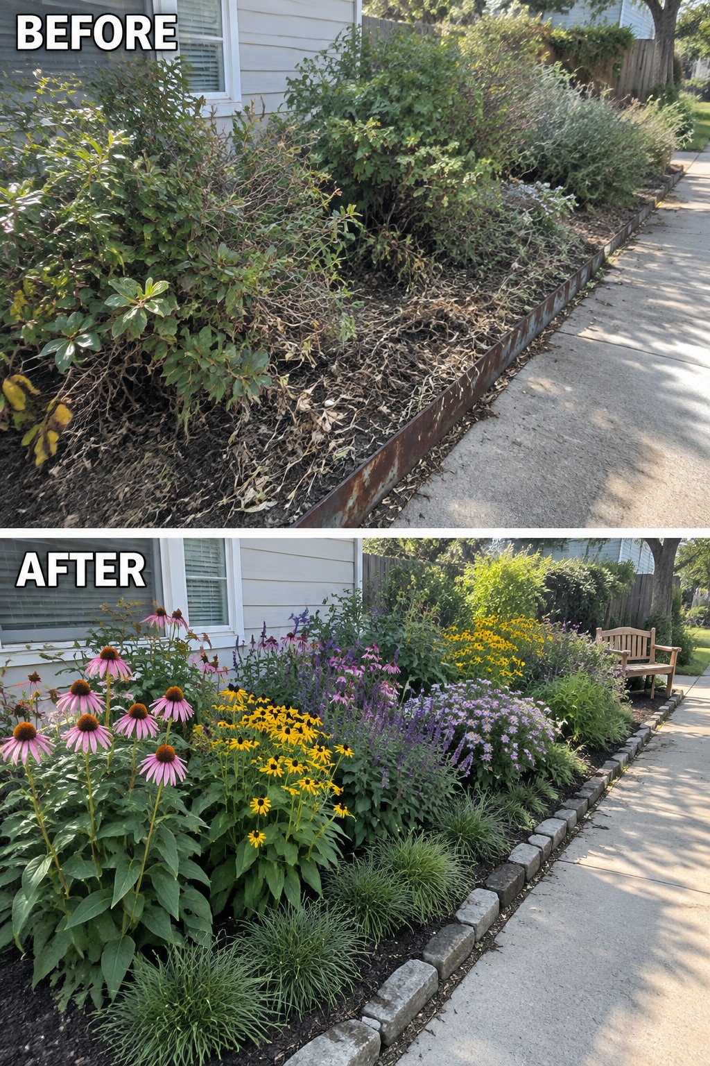 Before-and-after image of an overgrown garden border next to a house changed into a colorful native plant bed with stone edging.