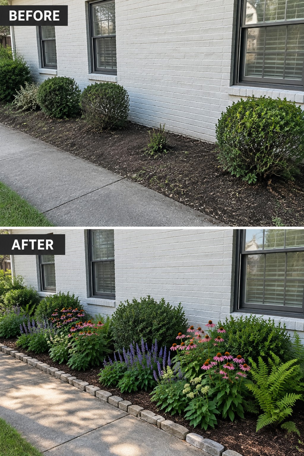 Before-and-after image of a house foundation bed changed from sparse mulch and bushes to a lush garden with native flowers, ferns, and stone edging.