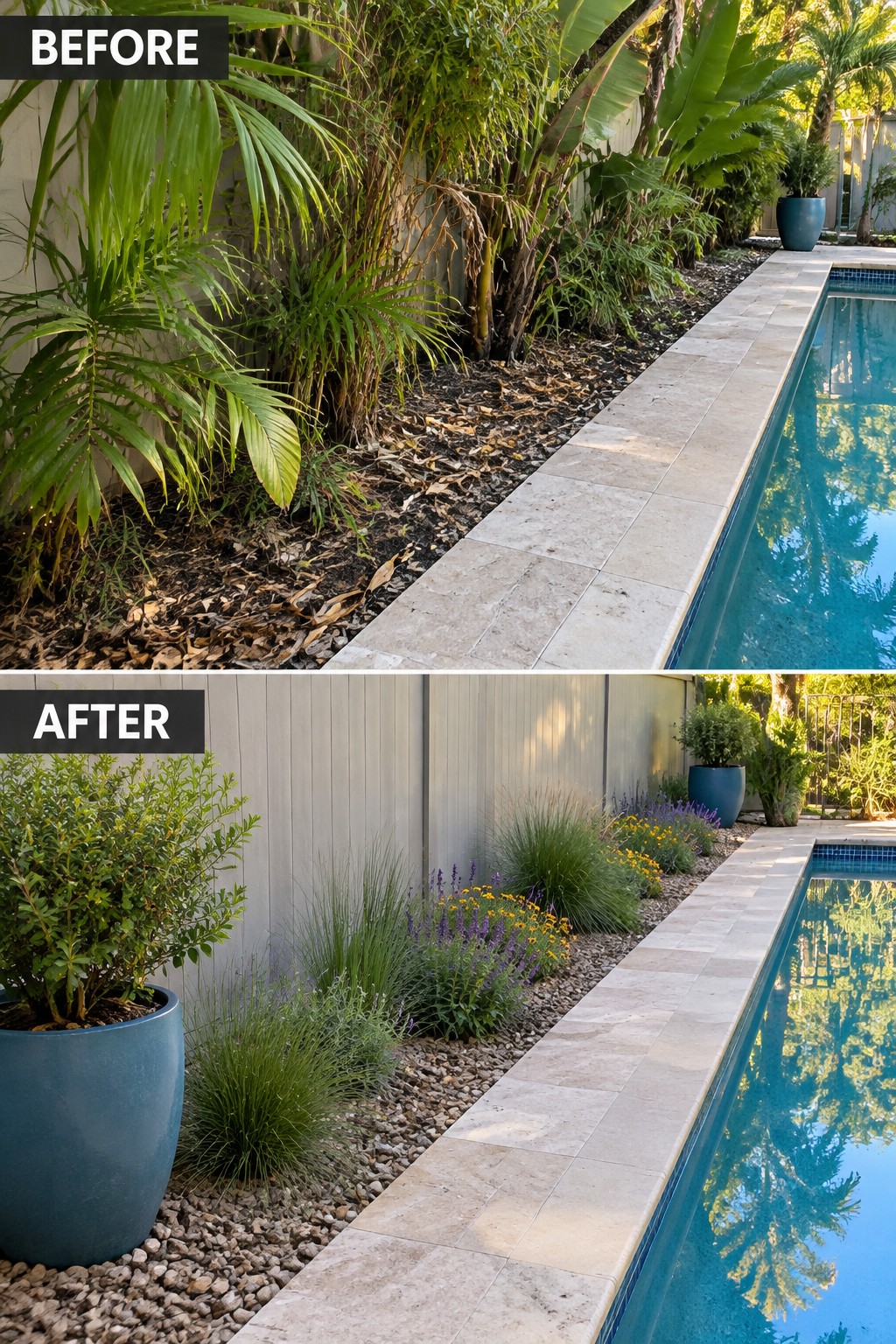 Before and after of poolside garden transformed from overgrown plants to tidy beds with blue pot