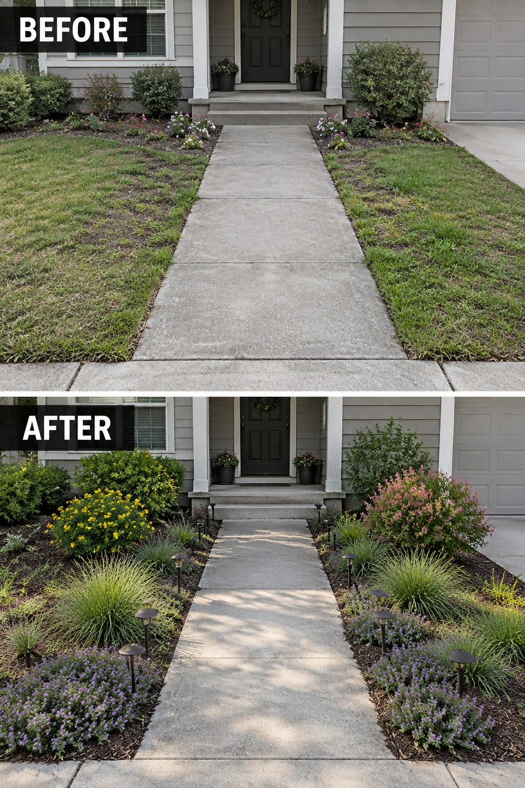 Before-and-after image of a front yard concrete walkway changed by adding defined mulched garden beds with native plants and solar lights along both sides.