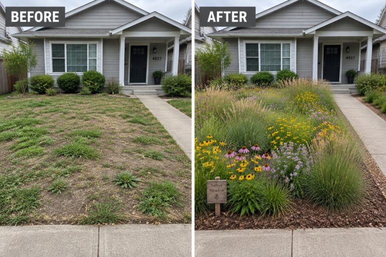 Before-and-after image of a patchy front lawn changed into mulched garden beds planted with native flowers and grasses along a walkway.