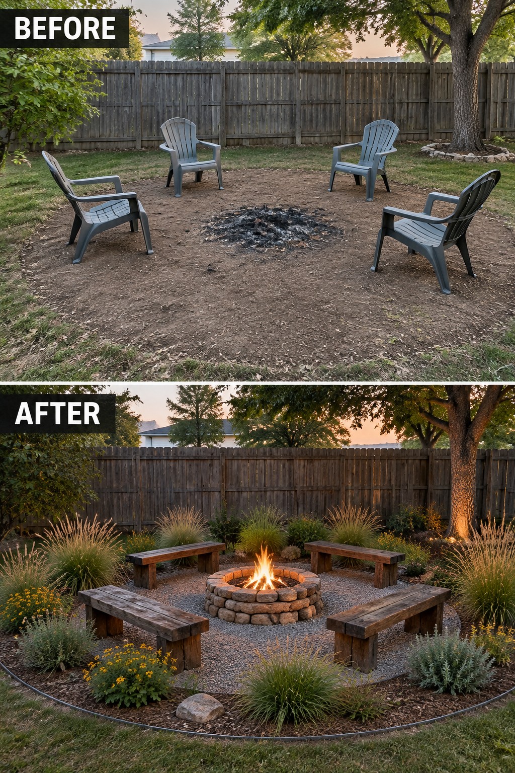 Before-and-after backyard fire pit with plastic chairs, stone pit, benches, and landscaping.