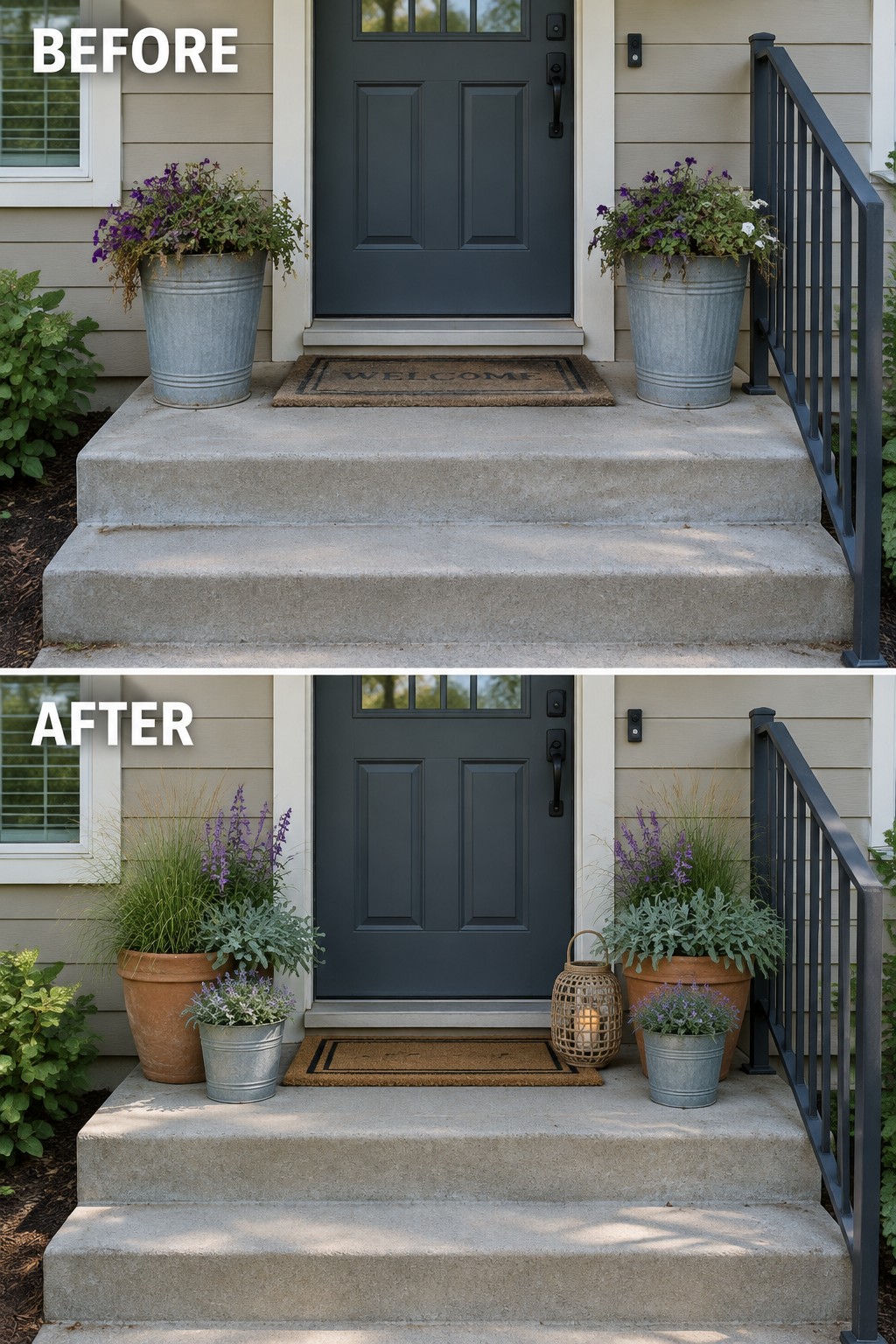 Before and after porch steps with varied potted plants beside gray door