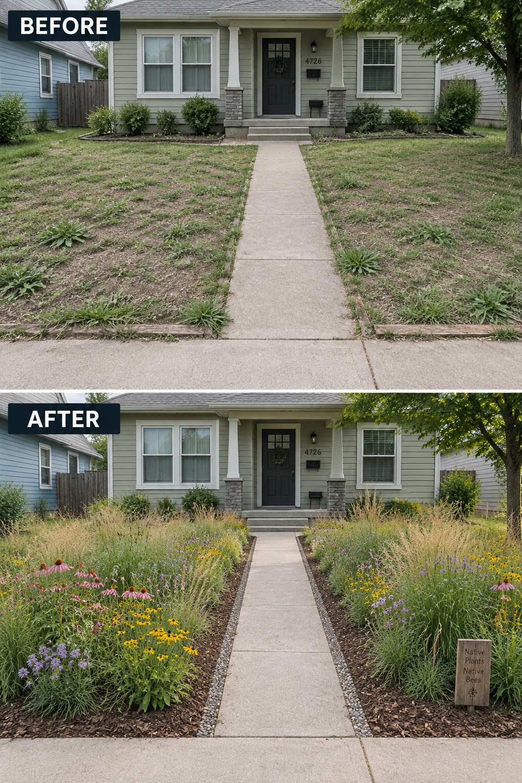 Before-and-after image of a patchy front lawn changed into mulched garden beds planted with native flowers and grasses along a walkway.
