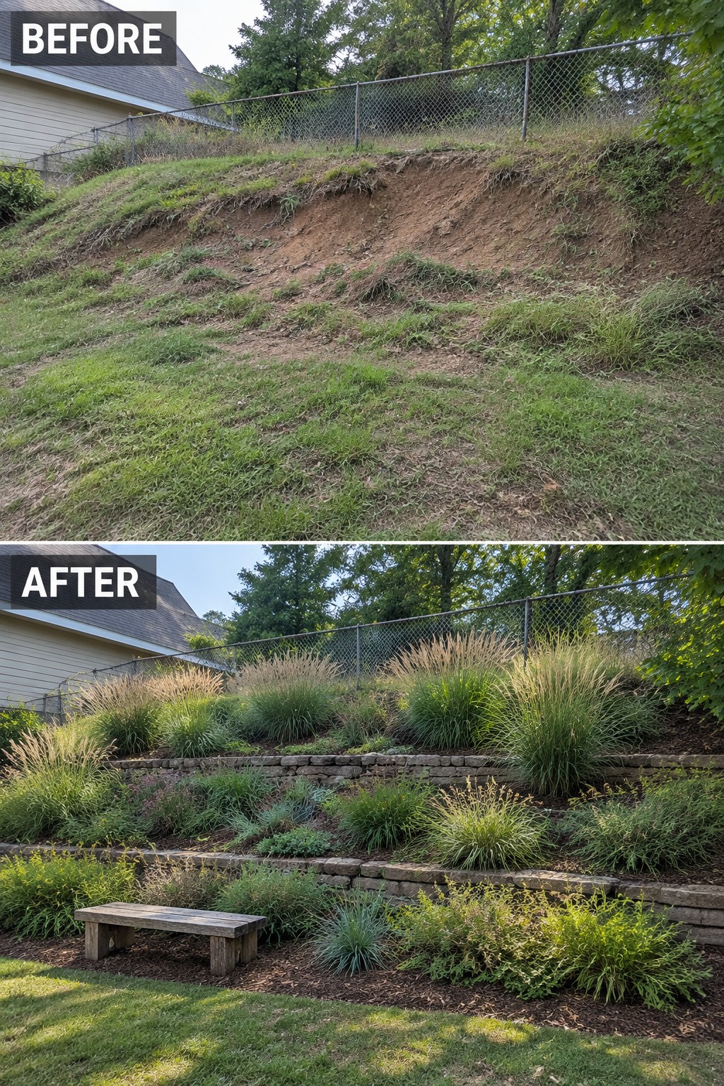 Before-and-after hillside transformed by stone terraces, plants, and a wooden bench.