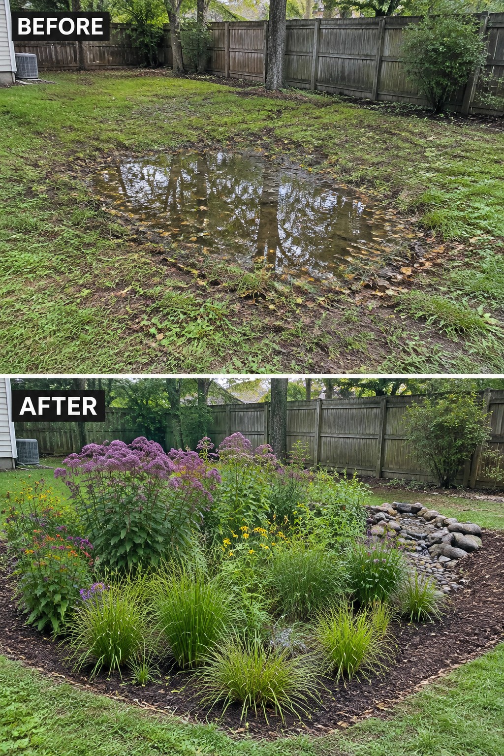 Before-and-after image of a muddy backyard with standing water changed into a mulched garden bed planted with native flowers, grasses, and a rock border.