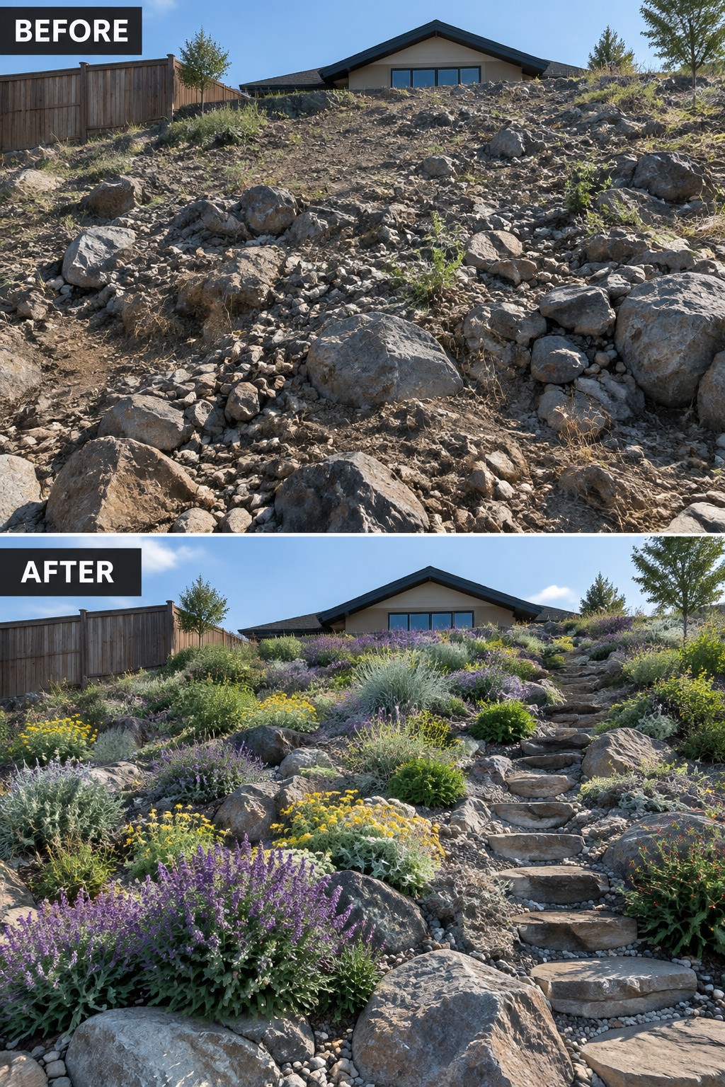 Before and after of rocky hillside transformed into colorful garden with stone steps.