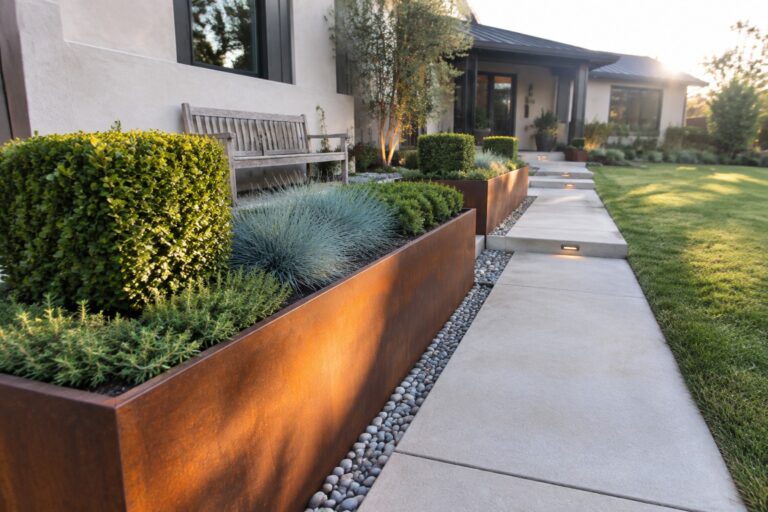 21 Modern Home Garden Design Ideas Centered on Linear Beds and Repeated Planting Modern house with rusted metal planters, shrubs, concrete patio, and wooden bench at dusk.
