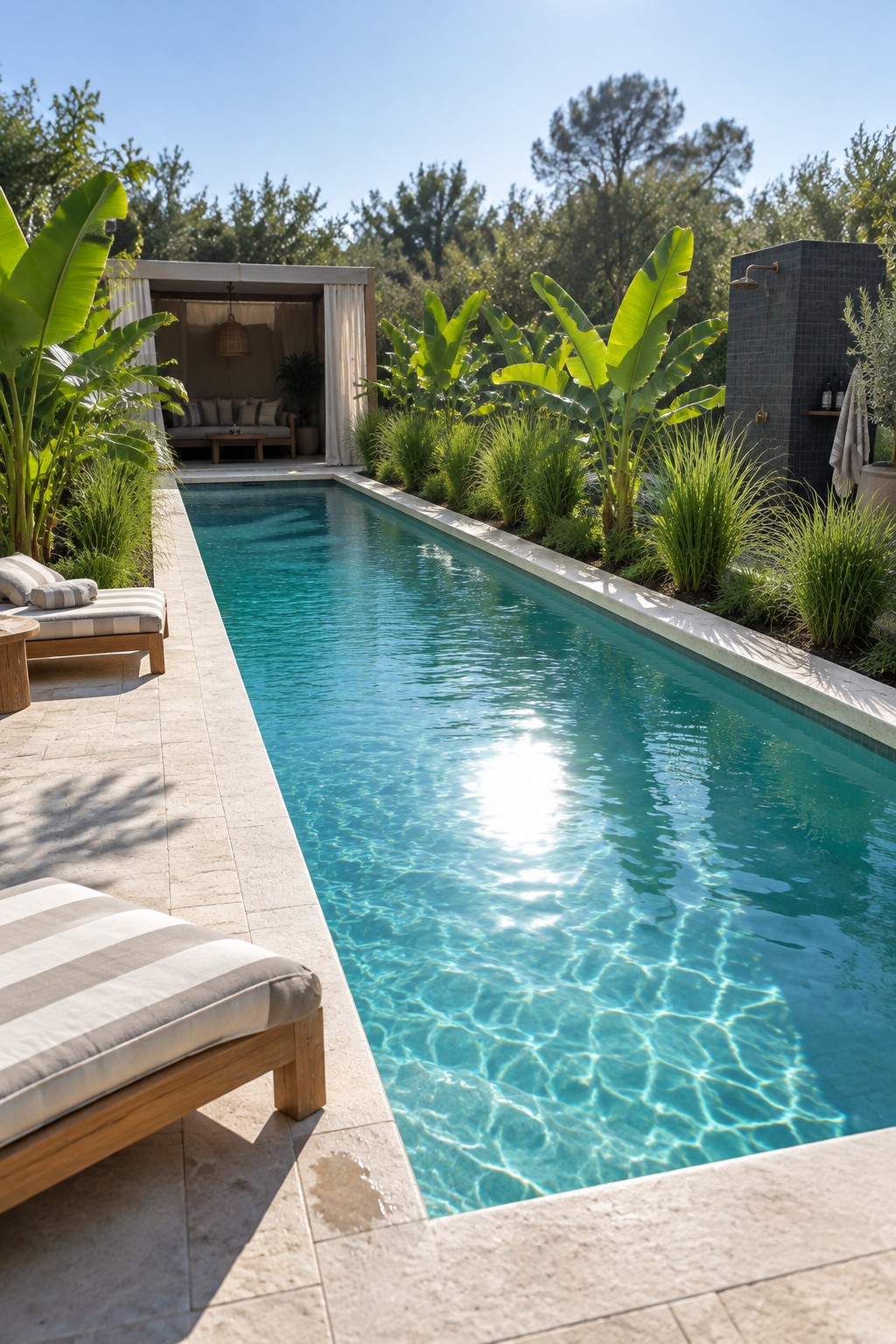 Sunlit turquoise lap pool with lounge chairs, banana plants, cabana, and outdoor shower.