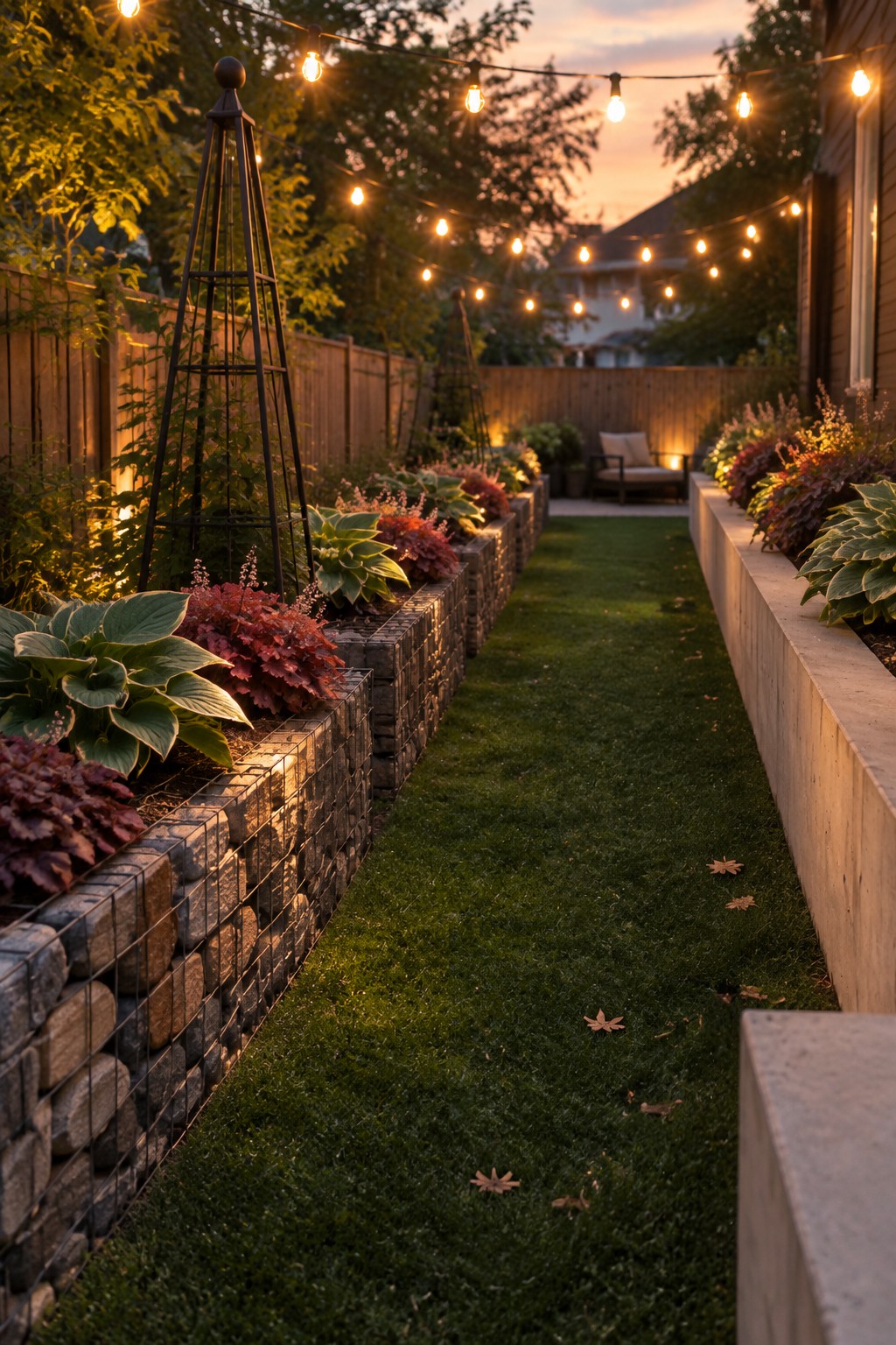 A narrow backyard garden with linear raised beds edged in gabion walls, planted with repeated hostas and red foliage, flanking a grass path under string lights at dusk.