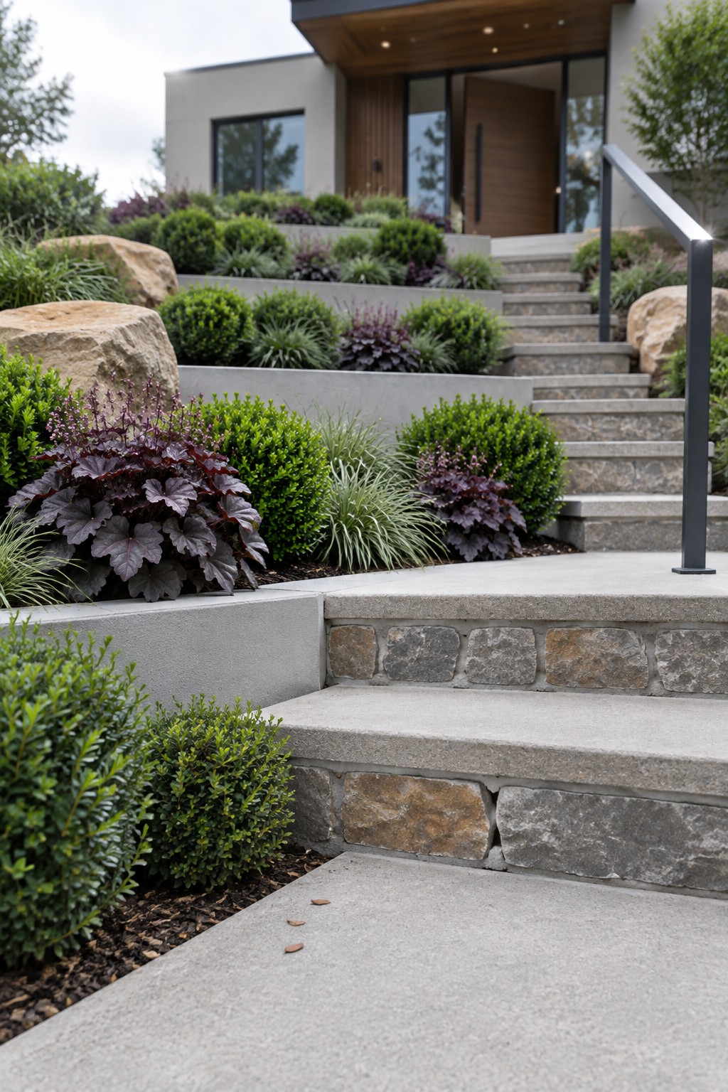 Modern home entrance with concrete stairs, stone accents, dark handrail, and purple shrubs.