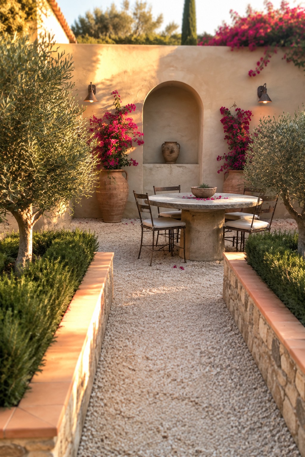 Sunlit courtyard with round stone table, chairs, pink bougainvillea pots and olive trees.